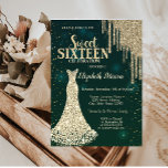 Convite Glitter Dourado, Diamantes Vestidos Verde Doce 16<br><div class="desc">Diamantes de ouro elegantes vestem-se e brilho dourado goteja sobre um fundo verde.</div>