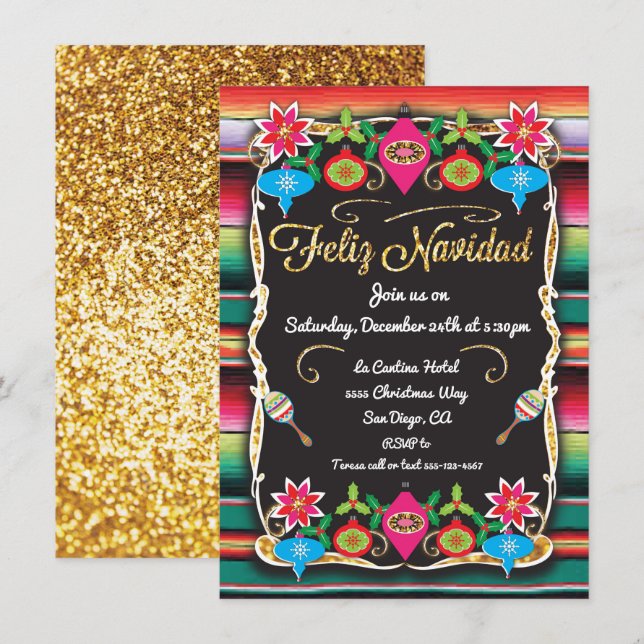 Convite Glitter Dourado do partido mexicano Fiesta Feliz N (Frente/Verso)