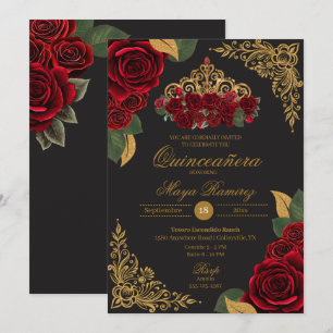 Convite Glitter Dourado do rosa vermelha Negro Tiara Quinc