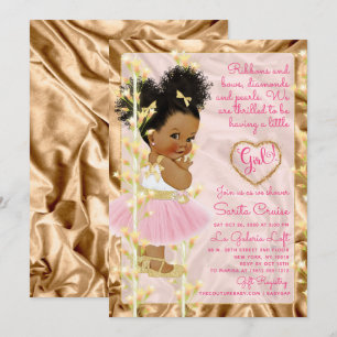 Convite Glitter Dourado e Chá de fraldas Rosa Étnica