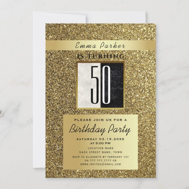 Convite Glitter Dourado e Preto 50º Aniversário (Frente)