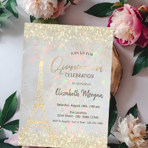 Convite Glitter Dourado Eiffel Confete Opala Quinceañera