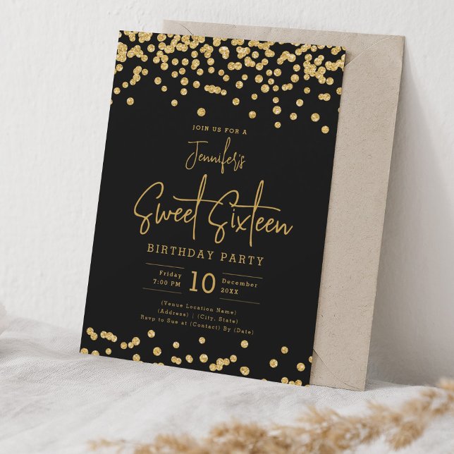 Convite Glitter Dourado Elegante Confetti Sweet 16 Partido (Criador carregado)
