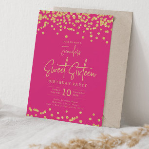 Convite Glitter Dourado Elegante Confetti Sweet 16 Rosa Qu