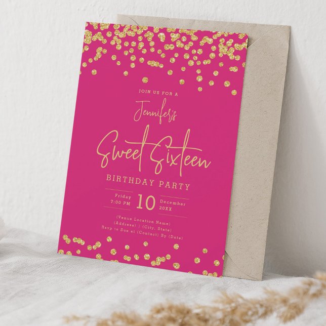 Convite Glitter Dourado Elegante Confetti Sweet 16 Rosa Qu (Elegant Gold Glitter Confetti Sweet 16 Hot Pink Invitation)