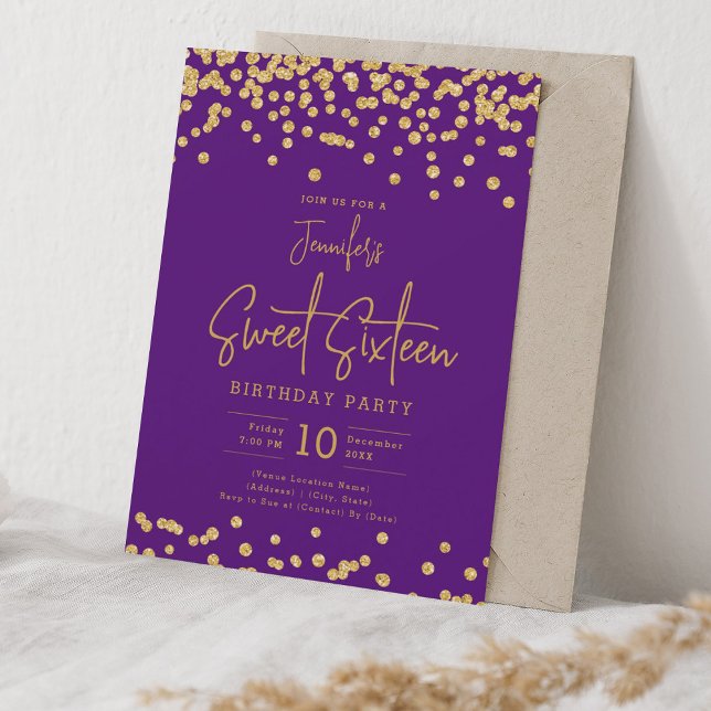 Convite Glitter Dourado Elegante Confetti Sweet 16 Roxo (Elegant Gold Glitter Confetti Sweet 16 Purple Invitation)