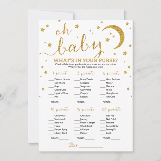 Convite Glitter Dourado estrela O que há na sua bolsa (Frente)