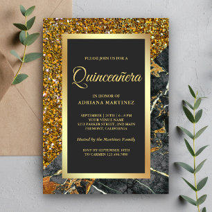 Convite Glitter Dourado Falso Mármore Cinza Carvão Quincea