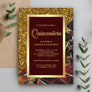 Convite Glitter Dourado Falso Mármore Vermelho Burgundy Qu