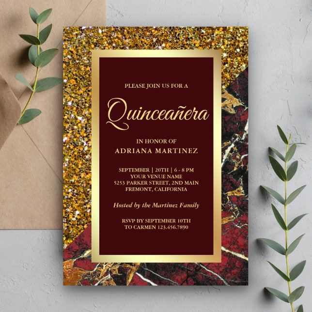Convite Glitter Dourado Falso Mármore Vermelho Burgundy Qu (Criador carregado)