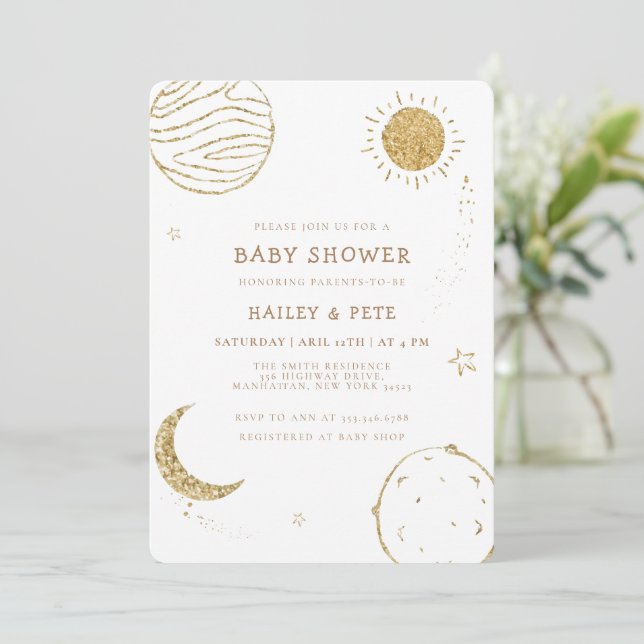 Convite Glitter Dourado Galáxia Lua Estrela Chuveiro de Be (Em pé/Frente)