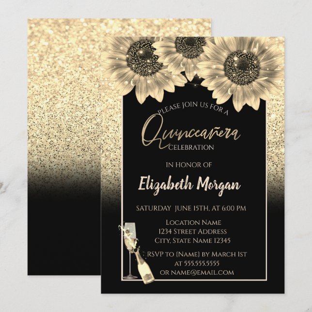Convite Glitter Dourado Girassóis,Vidro Quinceanera (Frente/Verso)