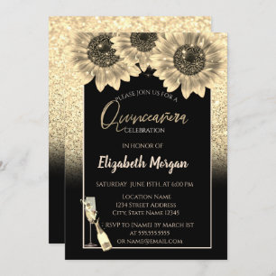 Convite Glitter Dourado Girassóis,Vidro Quinceanera