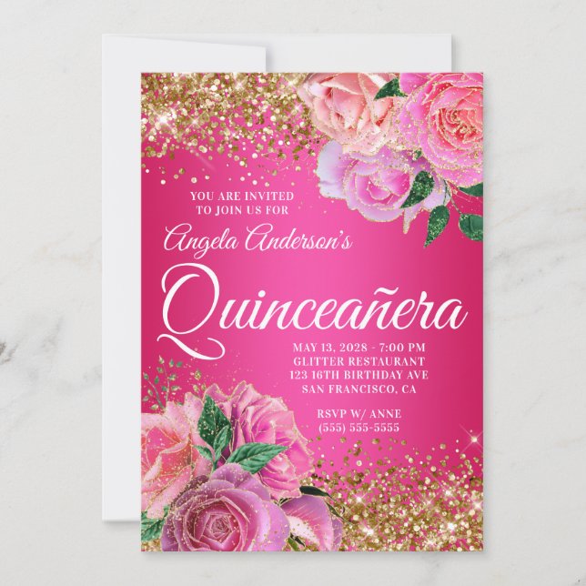 Convite Glitter Dourado, Glicor Flor Rosa Quente Quinceañe (Frente)