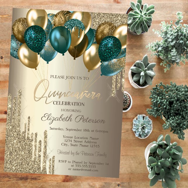 Convite Glitter Dourado na moda Coca Balões Quinceañera (Criador carregado)