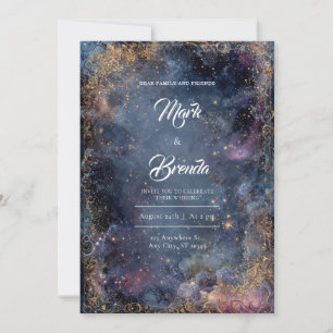 Convite Glitter Dourado Nebulosa Celestial Casamento Rosa 