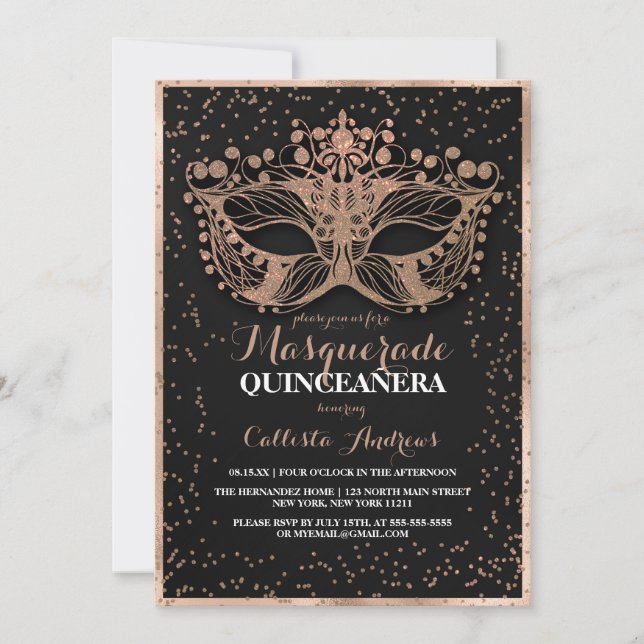 Convite Glitter Dourado negro Confetti Mascarada Quinceañe (Frente)