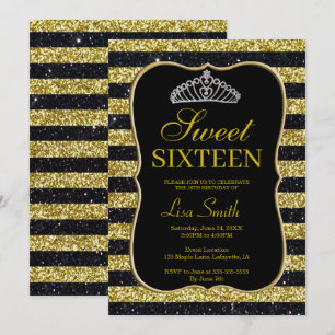 Convite Glitter Dourado negro e elegante Tiara Sweet 16
