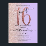 Convite Glitter Dourado Rosa de Lavanda Girly 16<br><div class="desc">Este convite de aniversário giro e chique de 16 anos é perfeito para o dia especial da sua filha adolescente. Ele apresenta um brilho rosa dourado cintilante impresso a falso grande, "16", sobre um simples roxo pastel lavanda e cintilação rosa dourada esmaecida para os lados, fundo ombre gradiente. É simples,...</div>