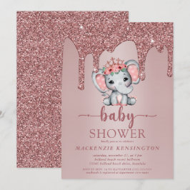 Convite Glitter Dourado rosa Glitter Gota Elefante Fofante
