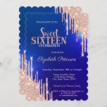 Convite Glitter Dourado Rosa moderno pingos Azul Doce 16<br><div class="desc">Um moderno,  chic e glamouroso Sweet 16 com pingos de brilho num fundo azul.</div>