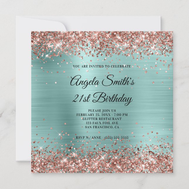 Convite Glitter Dourado Rosa Monograma Turquesa Pálido (Frente)
