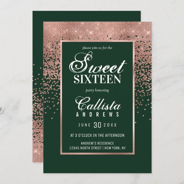Convite Glitter Dourado Rosa Verde Chic Confetti Sweet 16 (Frente/Verso)
