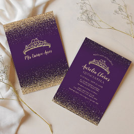 Convite Glitter Dourado Roxo-Glítero Tiara Quinceanera