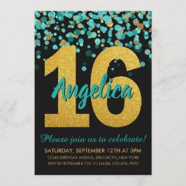 Convite Glitter Dourado Teal Confetti Black Sweet 16 Anive