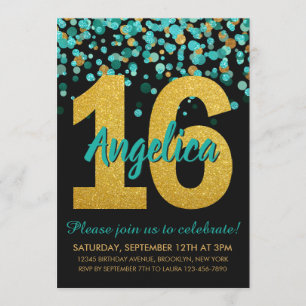 Convite Glitter Dourado Teal Confetti Black Sweet 16 Anive