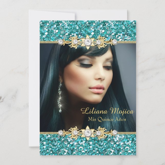 Convite Glitter Dourado Turquesa & Arco de Joia Quinceaner (Frente)