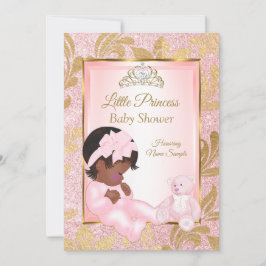 Convite Glitter Dourado Urso Chá de fraldas Rosa Étnico