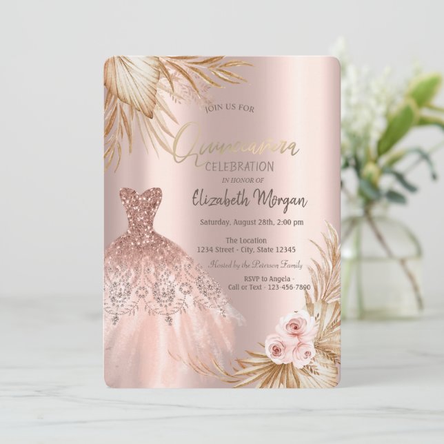 Convite Glitter Dress Boho Pampas Flores Quinceañera (Em pé/Frente)