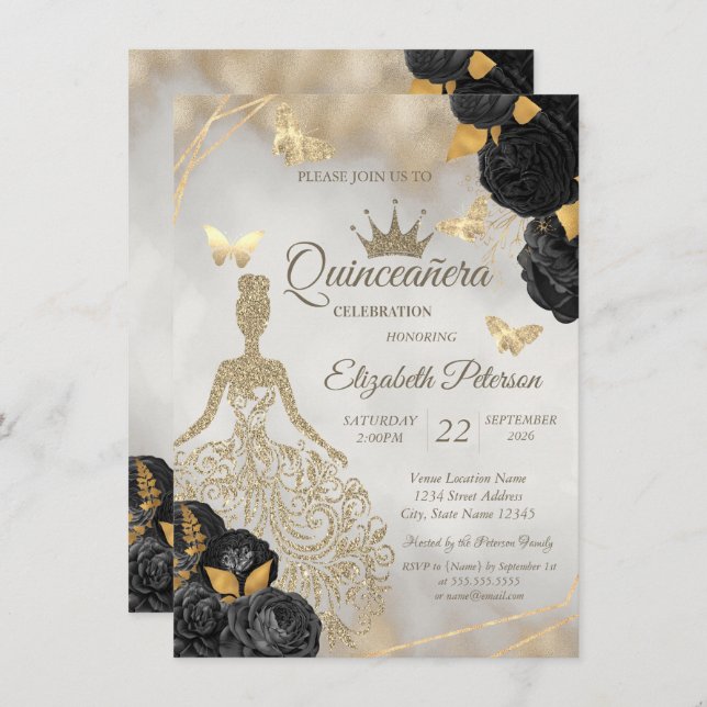 Convite Glitter Dress,Butterfly Black Roses Quinceañera (Frente/Verso)
