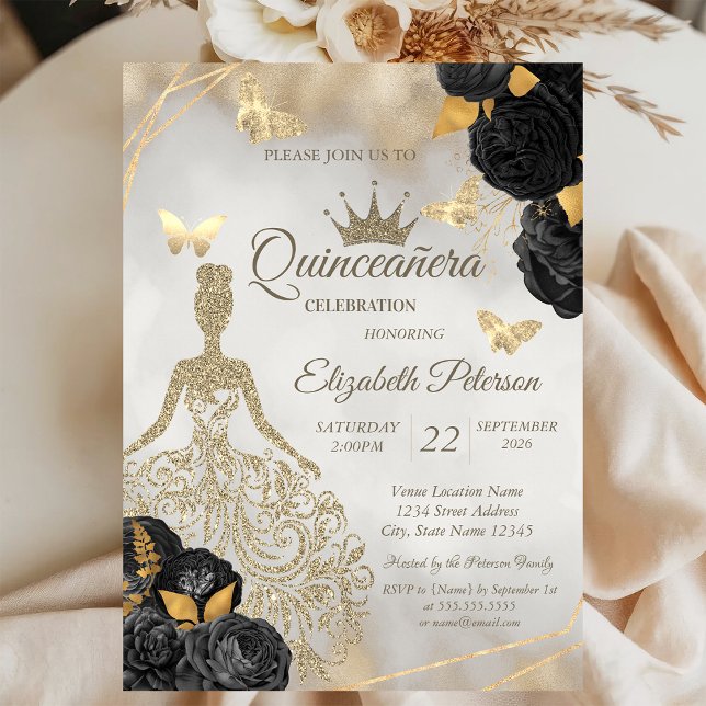 Convite Glitter Dress,Butterfly Black Roses Quinceañera (Criador carregado)