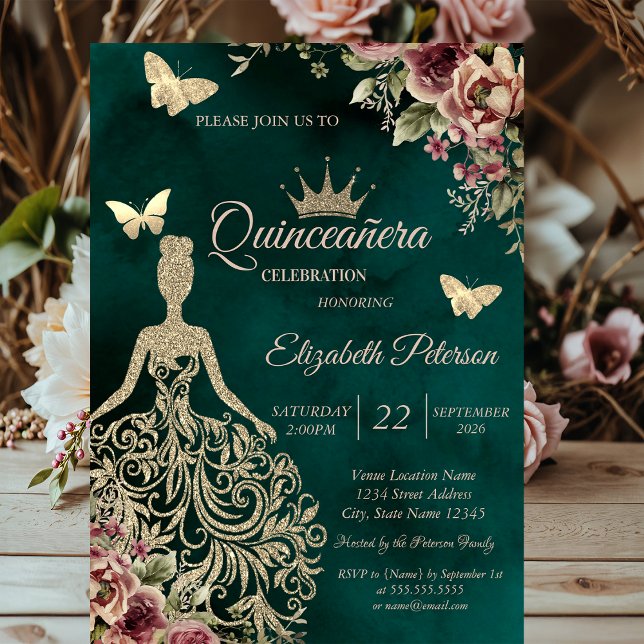 Convite Glitter Dress,Butterfly Floral Green Quinceañera (Criador carregado)