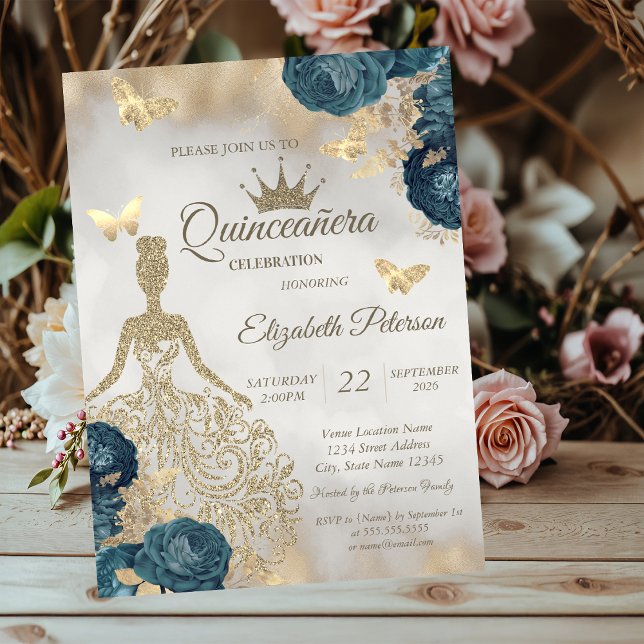 Convite Glitter Dress,Butterfly Green Roses 15th Birthday (Criador carregado)