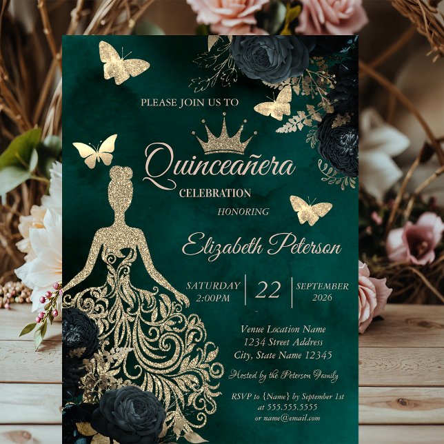Convite Glitter Dress,Butterfly Green Roses Quinceañera (Criador carregado)