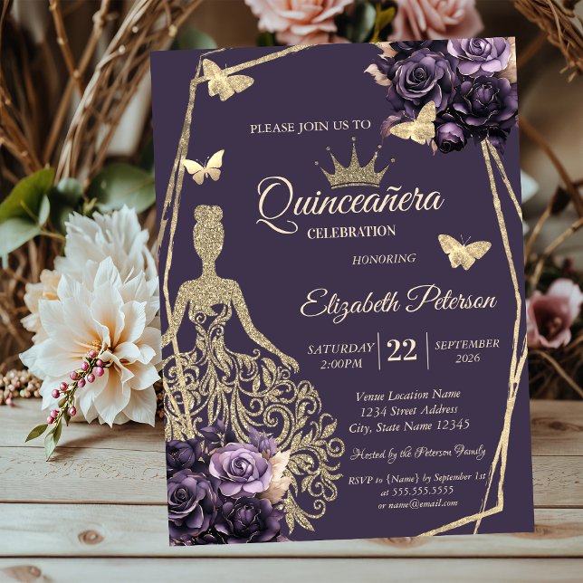 Convite Glitter Dress,Butterfly Purple Roses Quinceañera (Criador carregado)