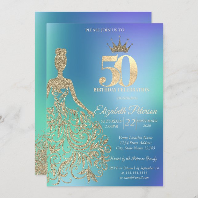 Convite Glitter Dress, Diamonds Blue Ombre 50th Birthday (Frente/Verso)