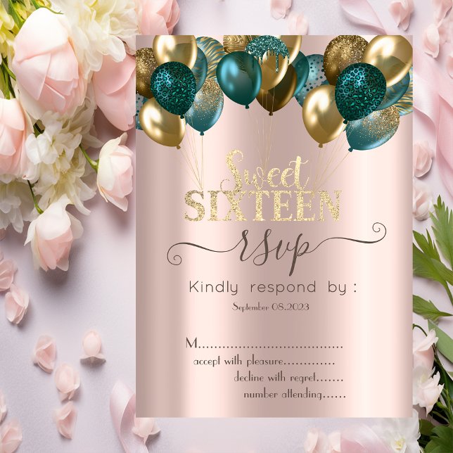 Convite Glitter Drips Balões Rosa Dourado Sweet 16 RSVP (Criador carregado)