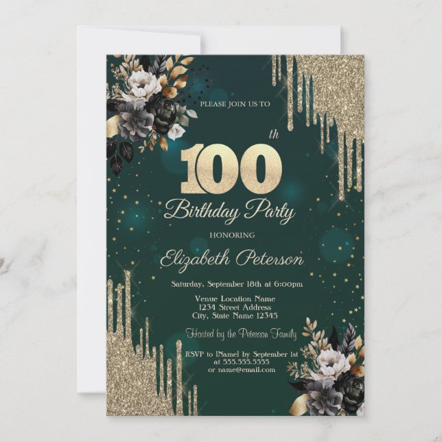 Convite Glitter Drips Black Roses Green 100th Birthday  (Frente)