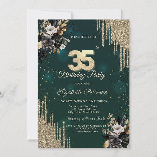 Convite Glitter Drips Black Roses Verde 35º Aniversário  (Frente)