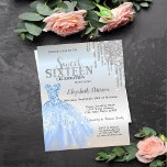 Convite Glitter Drips,Blue Dress Silver Sweet 16<br><div class="desc">Vestido azul elegante e brilho prateado pingando em fundo prateado.</div>