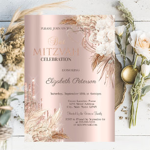Convite Glitter Drips Boho Flores Rosa Dourado Bat Mitzvah