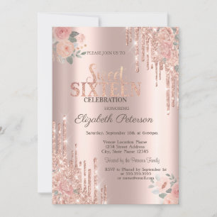 Convite Glitter Drips Boho Rosa Dourada Sweet 16