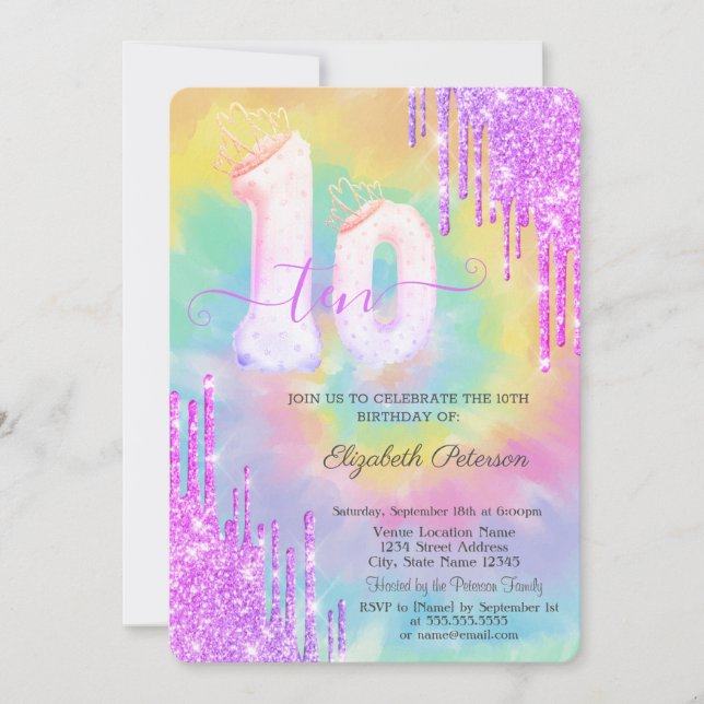 Convite Glitter Drips Colorful Tie Dye 10th Birthday   (Frente)