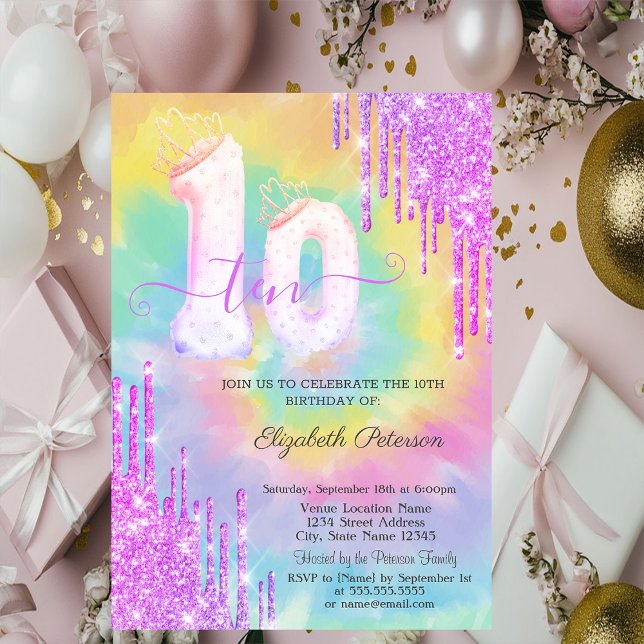 Convite Glitter Drips Colorful Tie Dye 10th Birthday   (Criador carregado)