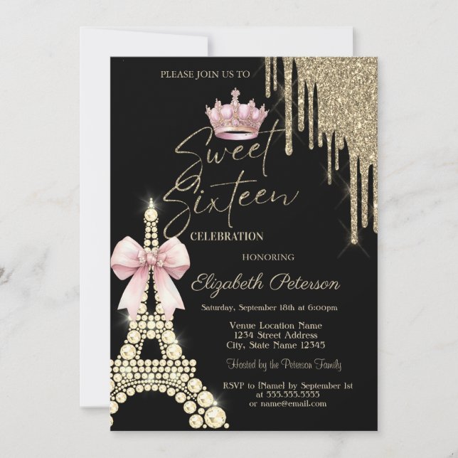 Convite Glitter Drips,Eiffel Tower Bow Crown Sweet 16  (Frente)