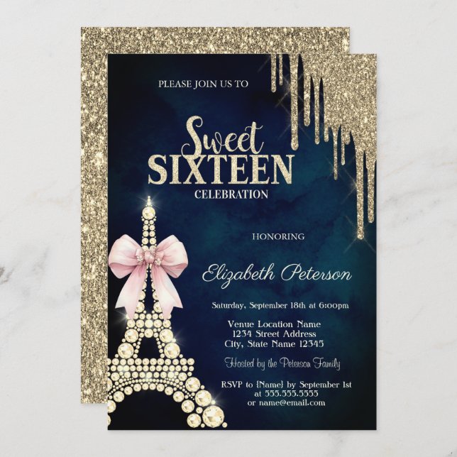 Convite Glitter Drips,Eiffel Tower Bow Navy Blue Sweet 16  (Frente/Verso)